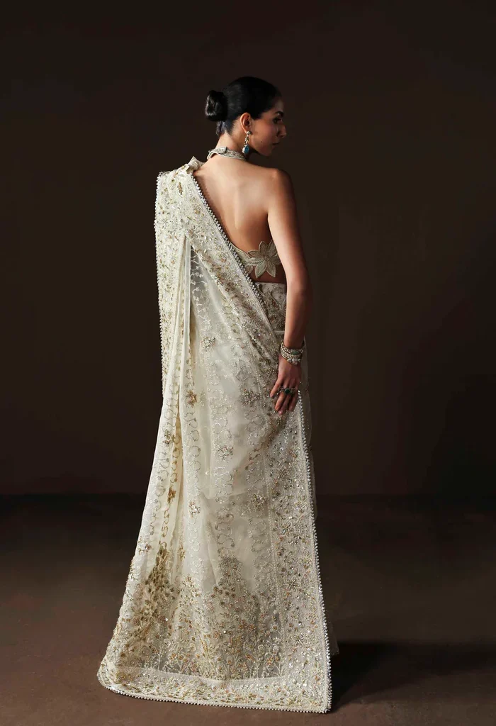 Back view of luxury organza embroidered hand embellished saree with detailed blouse design