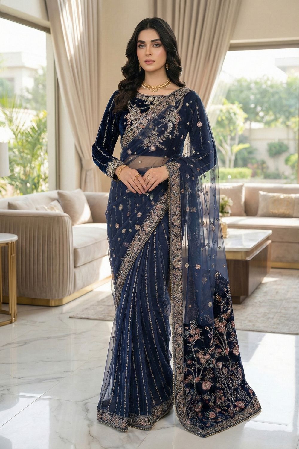 Elegant blue velvet saree from Diara Couture