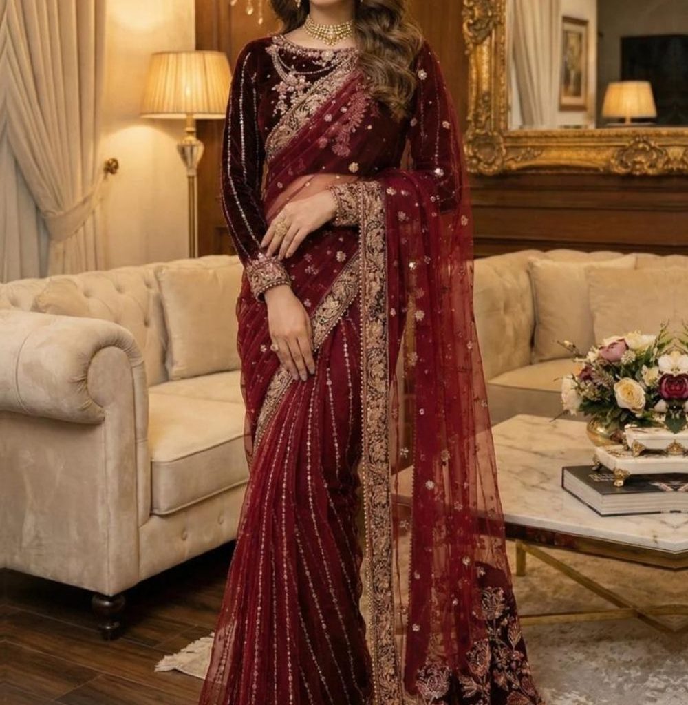 Elegant maroon velvet saree from Diara Couture