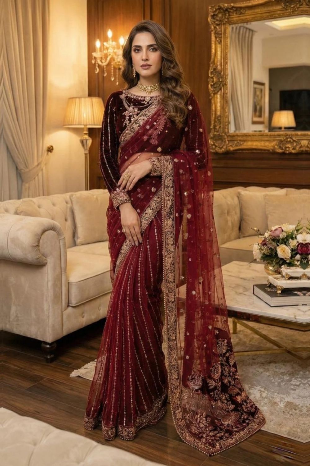 Elegant maroon velvet saree from Diara Couture