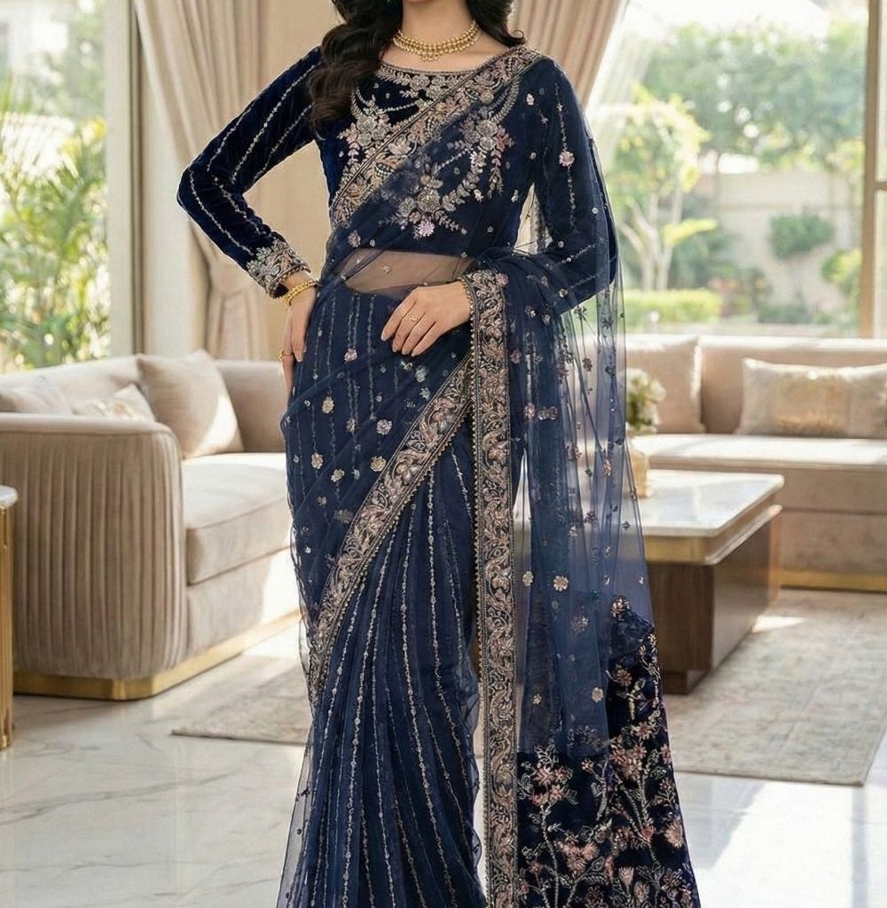 Elegant blue velvet saree from Diara Couture