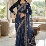 Elegant blue velvet saree from Diara Couture