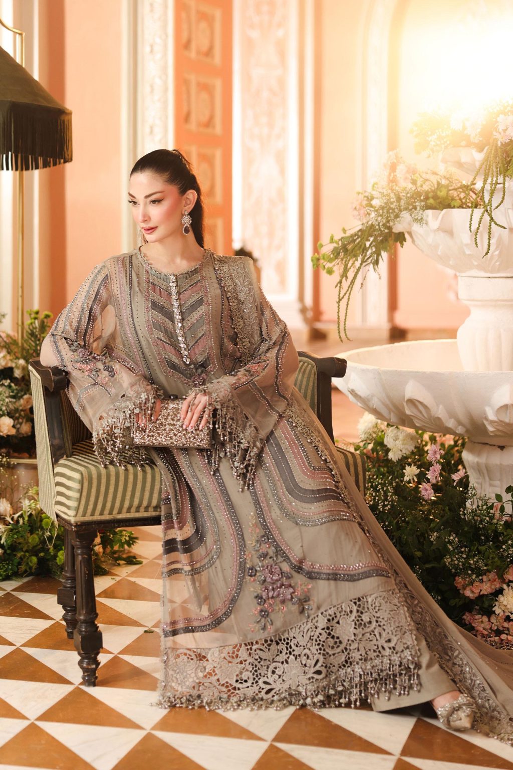 3 Piece Embroidered Chiffon Suit in Antique Grey