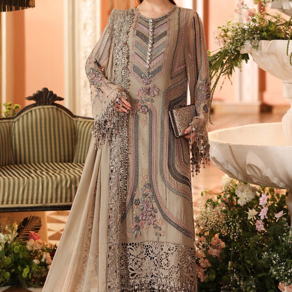 3 Piece Embroidered Chiffon Suit in Antique Grey