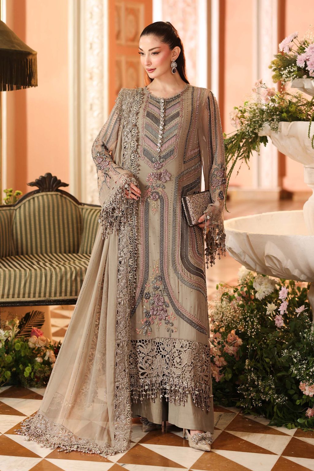 3 Piece Embroidered Chiffon Suit in Antique Grey