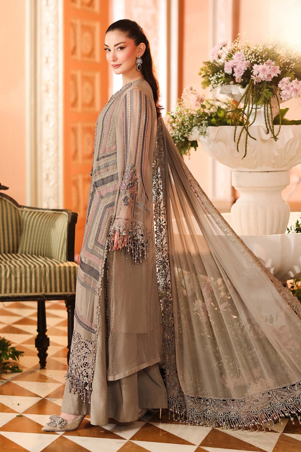 3 Piece Embroidered Chiffon Suit in Antique Grey