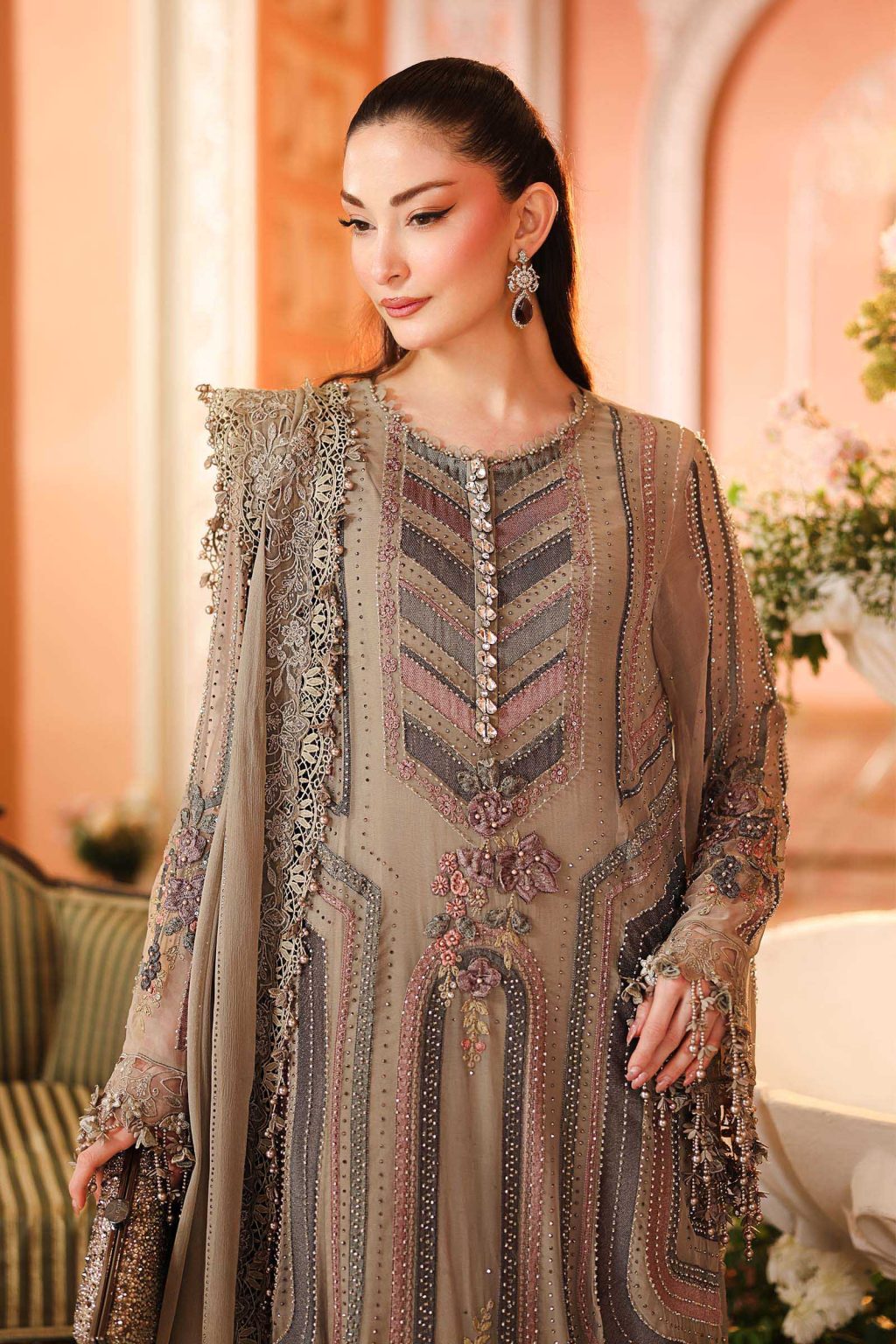 3 Piece Embroidered Chiffon Suit in Antique Grey