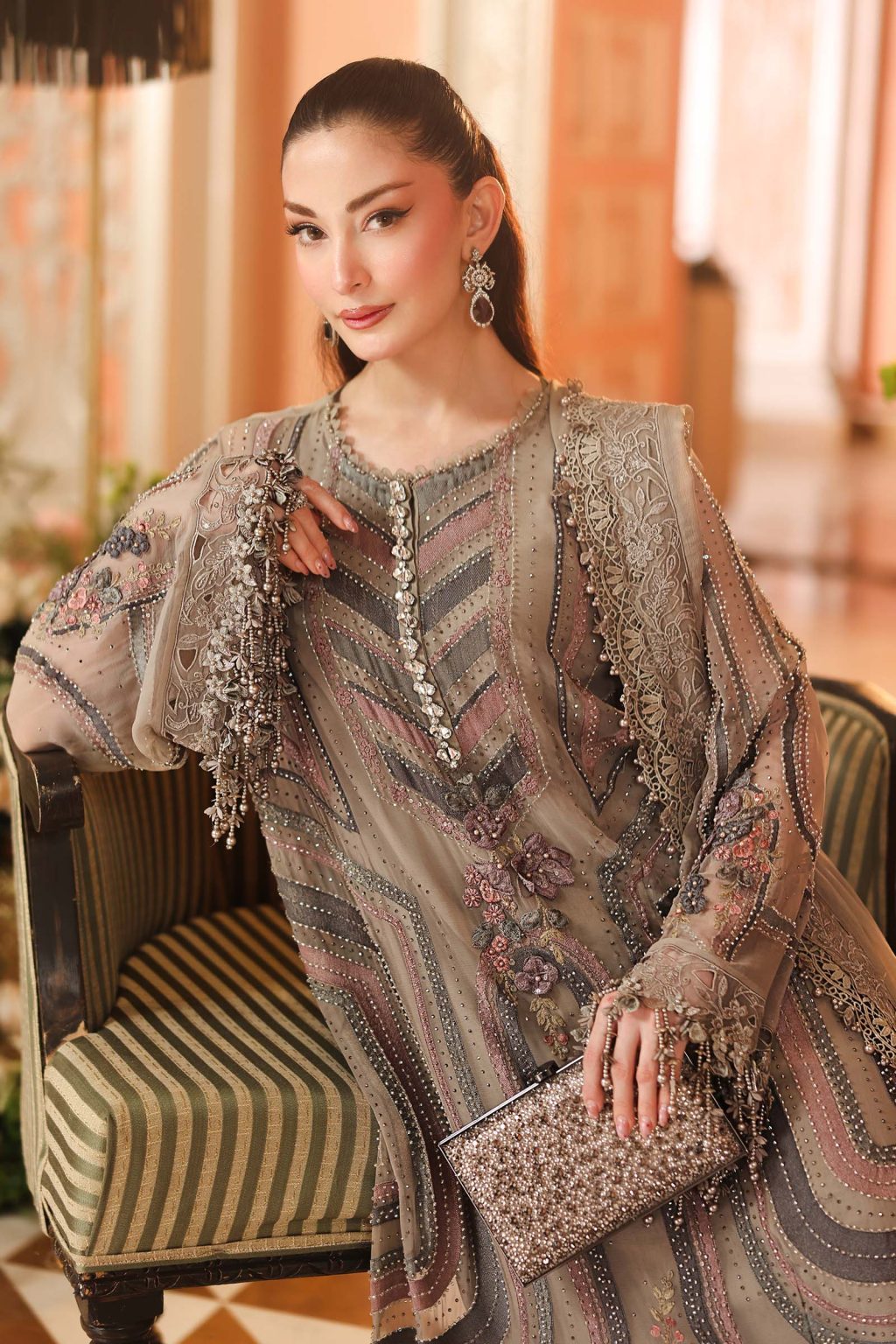 3 Piece Embroidered Chiffon Suit in Antique Grey