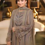 3 Piece Embroidered Chiffon Suit in Antique Grey