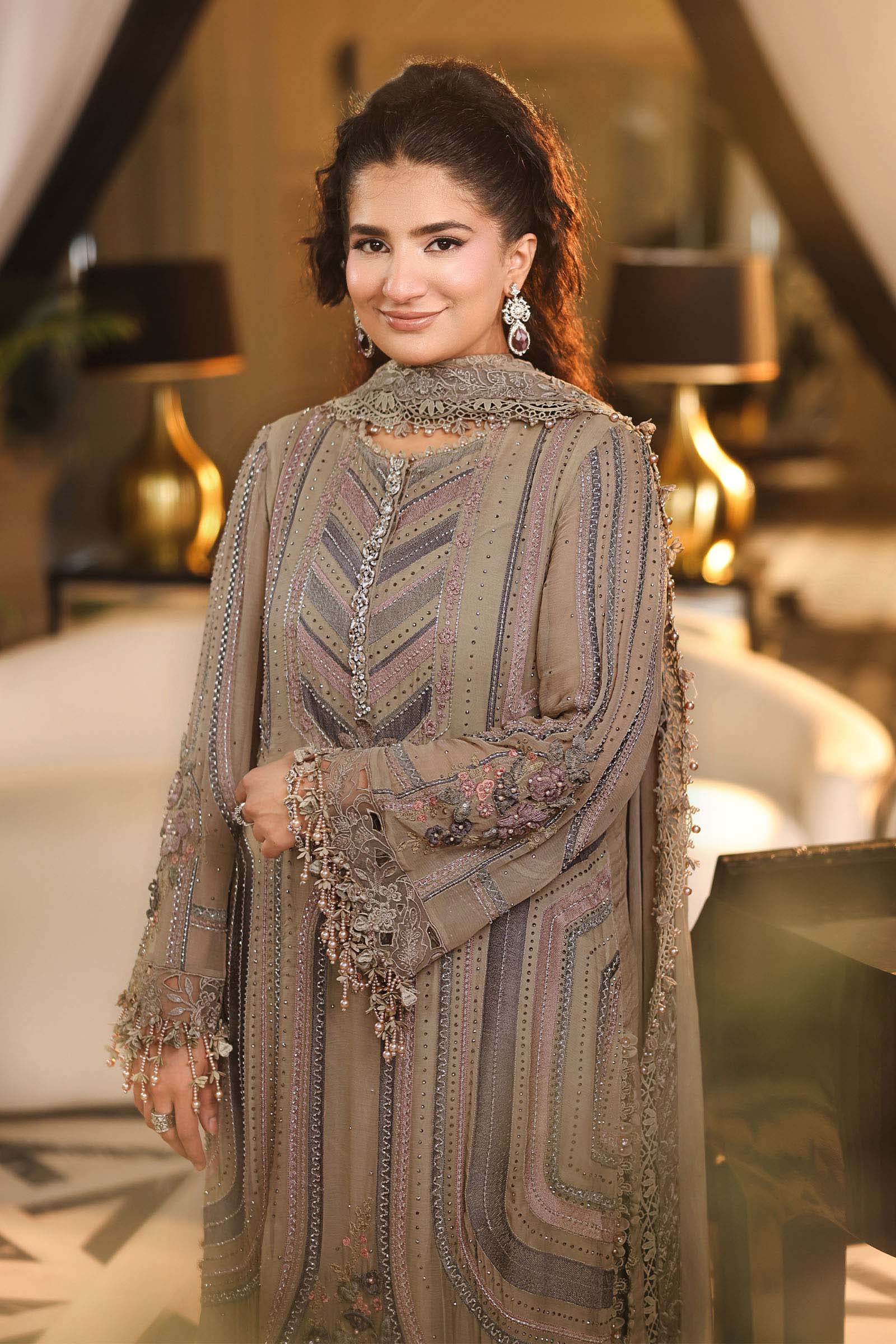 3 Piece Embroidered Chiffon Suit in Antique Grey
