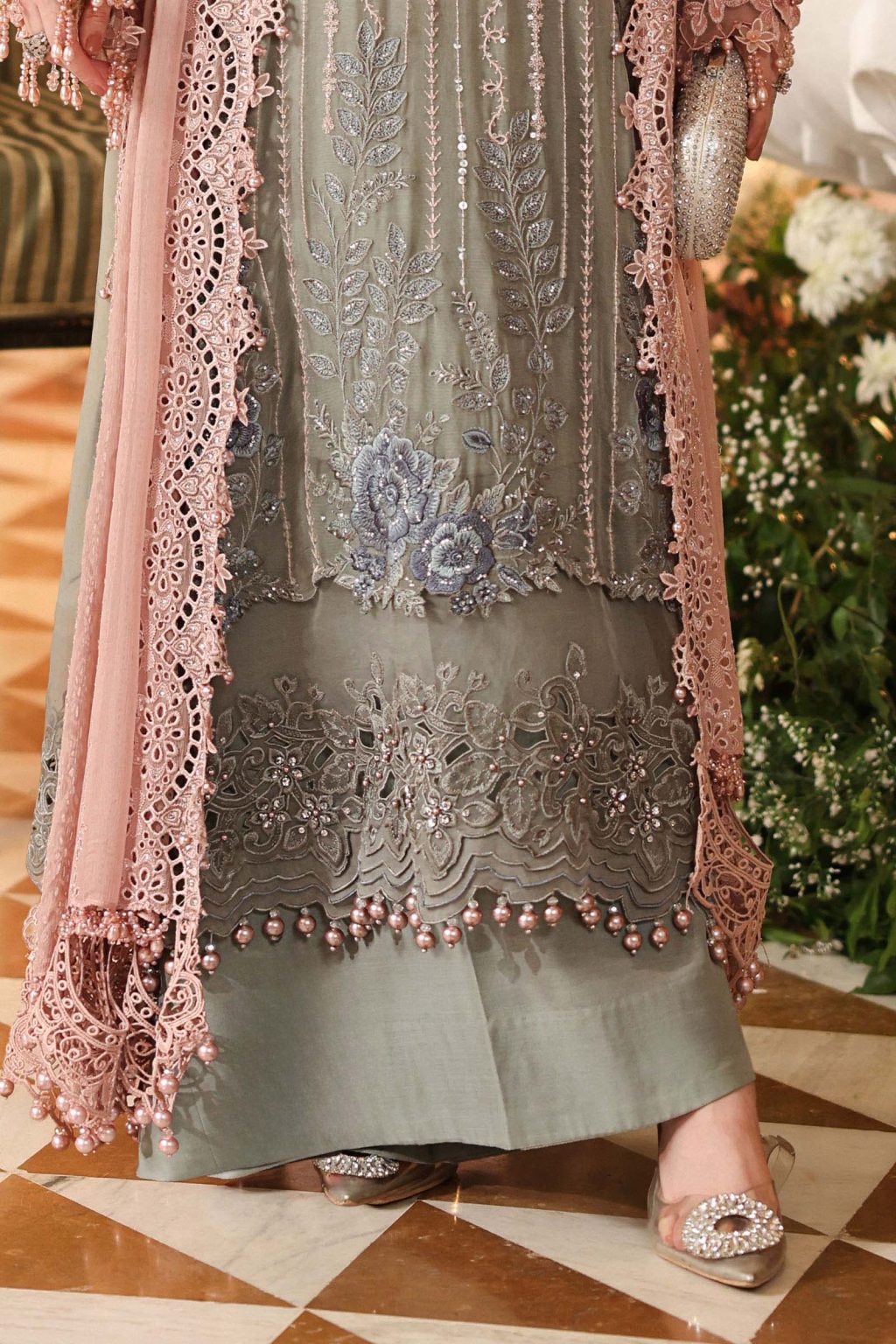 Close-up of Maria B MPC-26-202 3D hand embellishment and embroidery