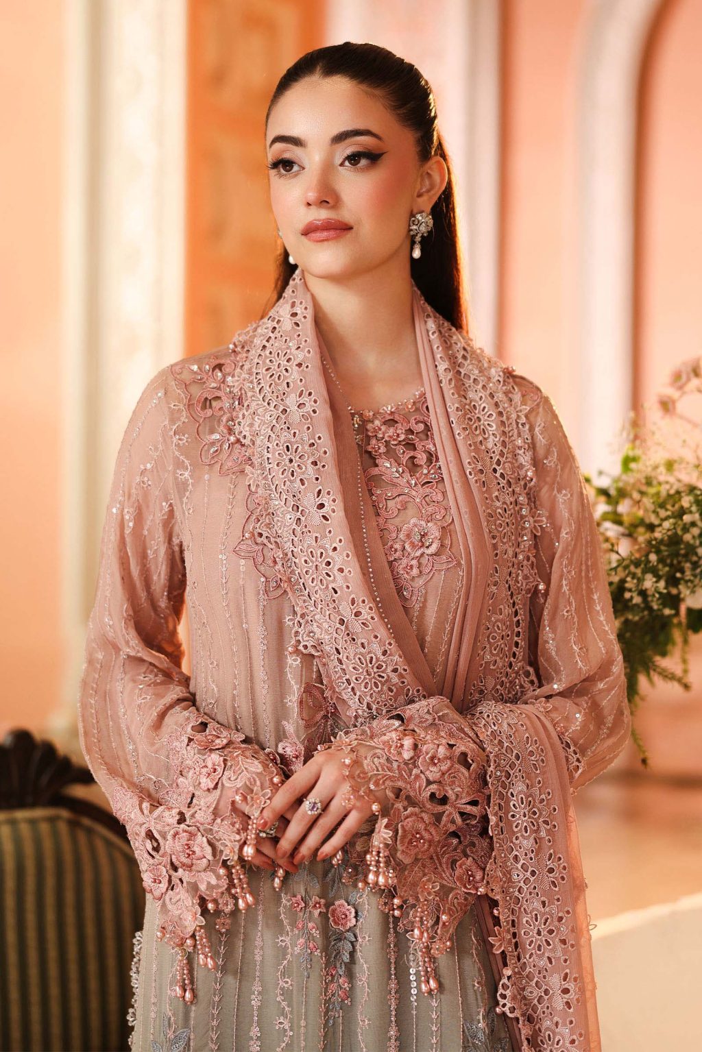 Maria B MPC-26-202 chiffon dress side view with embroidered sleeves