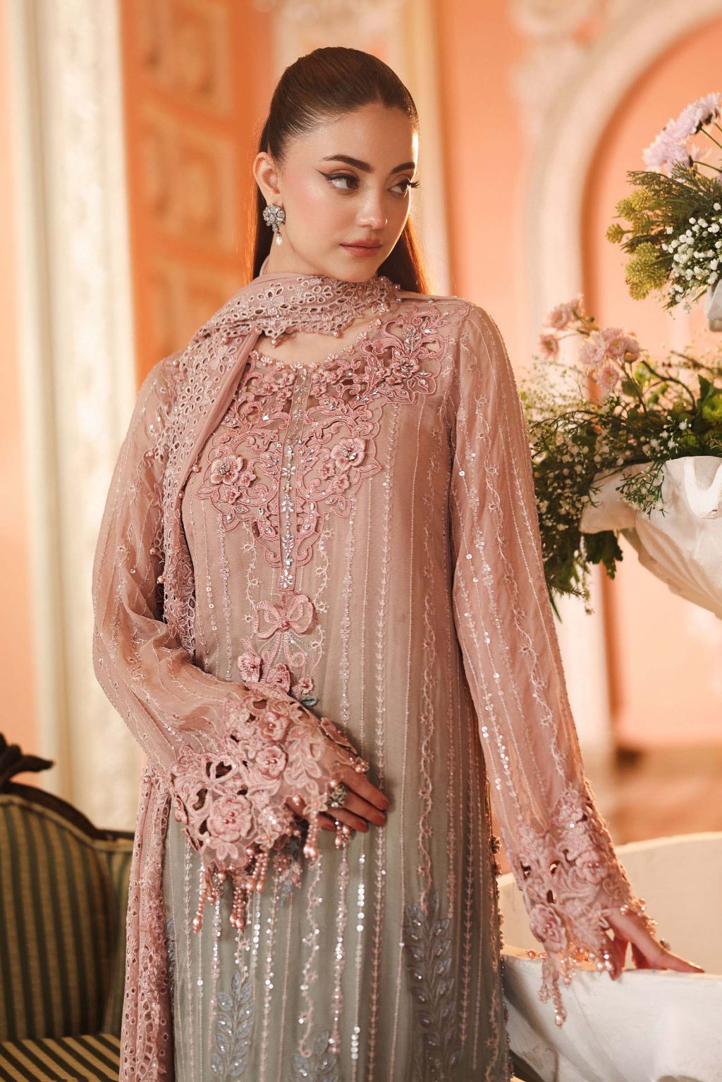 Side view of Maria B MPC-26-202 embroidered chiffon dress