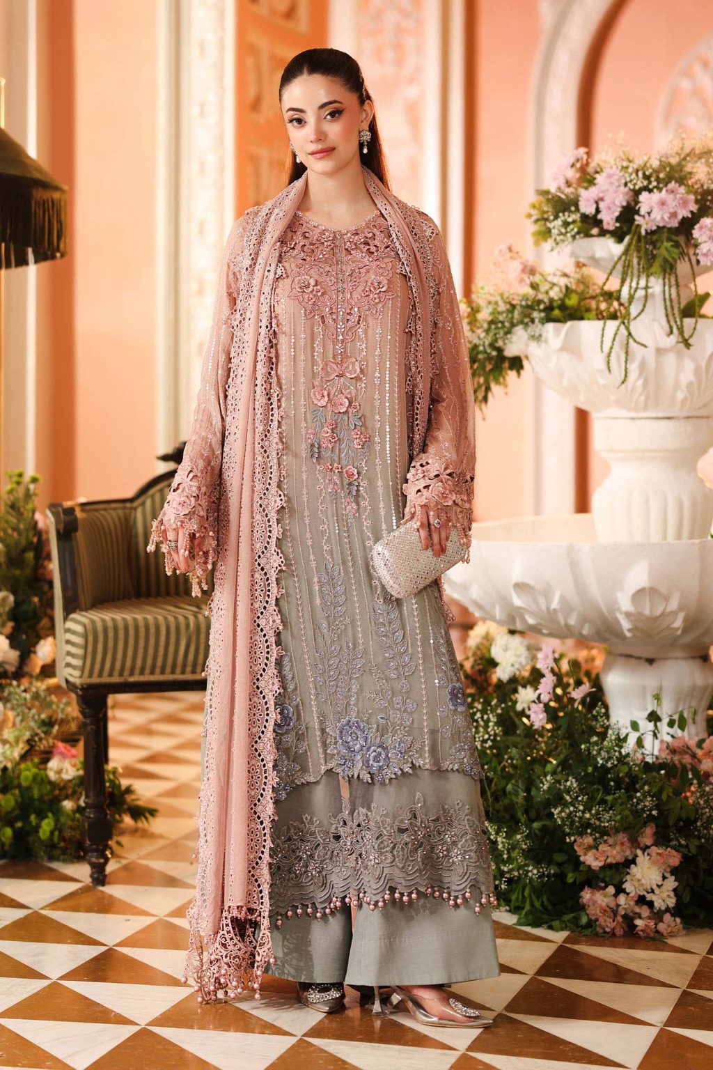 Maria B MPC-26-202 pink and grey embroidered chiffon suit front view