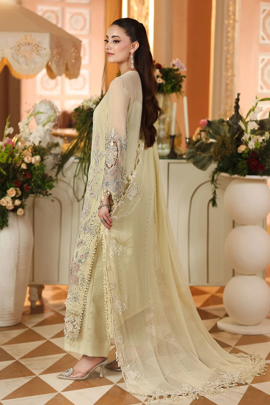 Back view of Maria B MPC-26-208 lime yellow chiffon suit