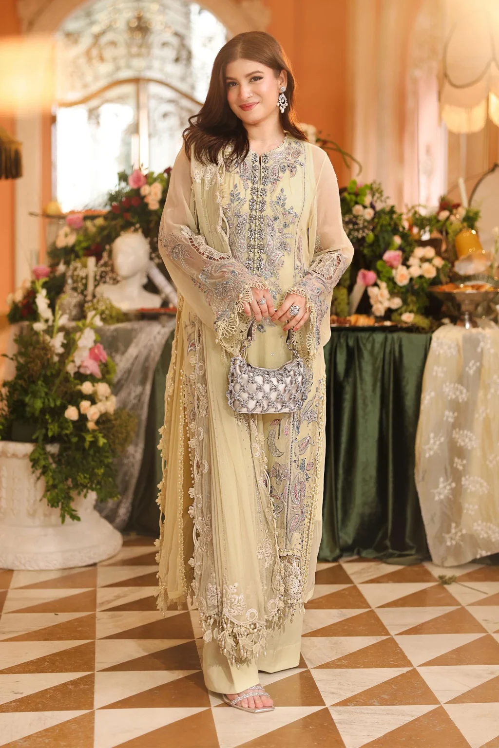 Maria B MPC-26-208 lime yellow embroidered chiffon suit front view