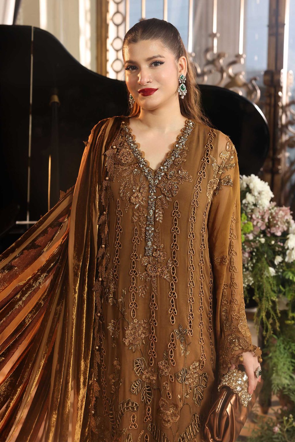 Close-up of 3D flower embroidery on Maria B MPC-26-205 mustard chiffon suit