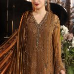 Close-up of 3D flower embroidery on Maria B MPC-26-205 mustard chiffon suit