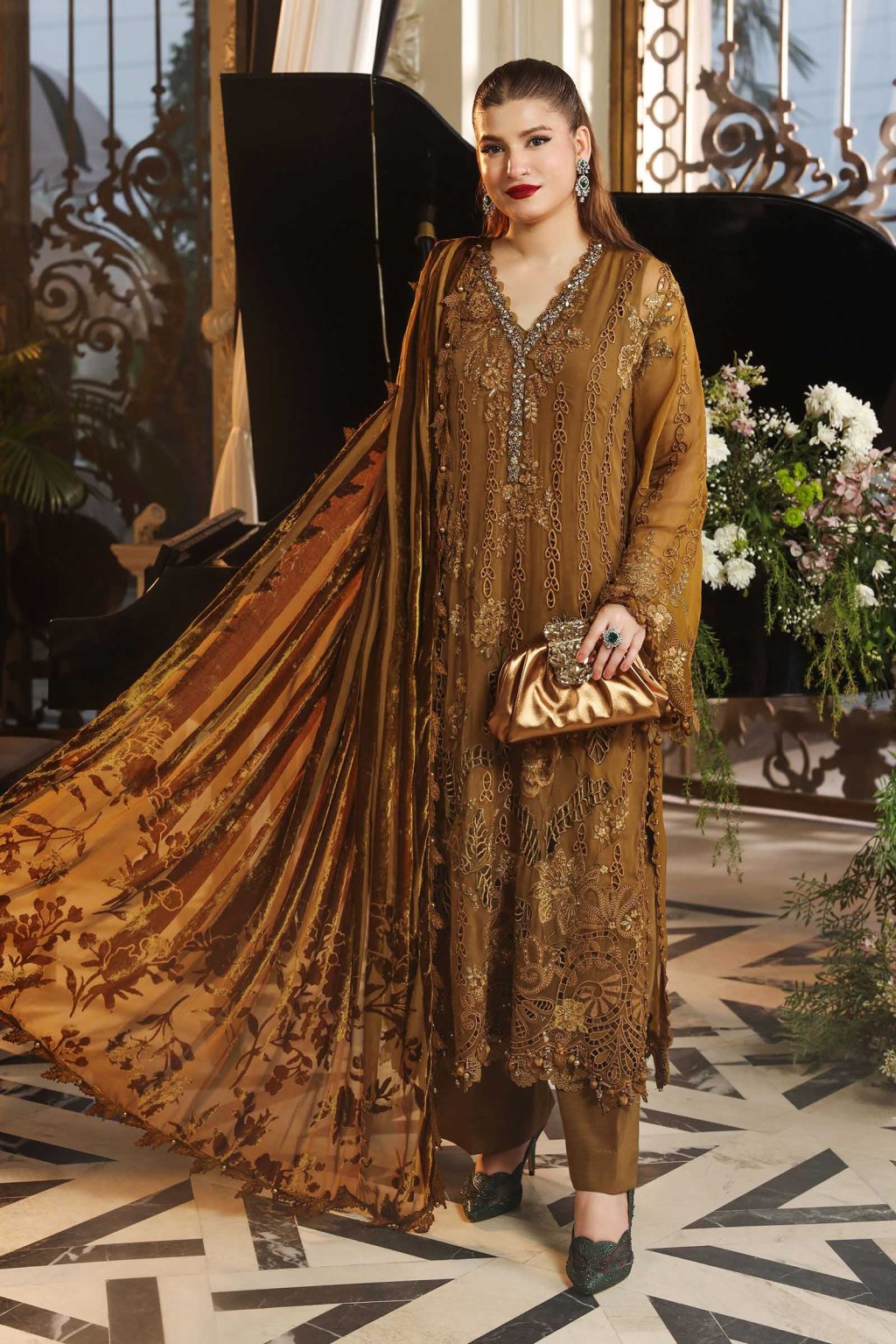 Side view of Maria B MPC-26-205 embroidered mustard chiffon suit