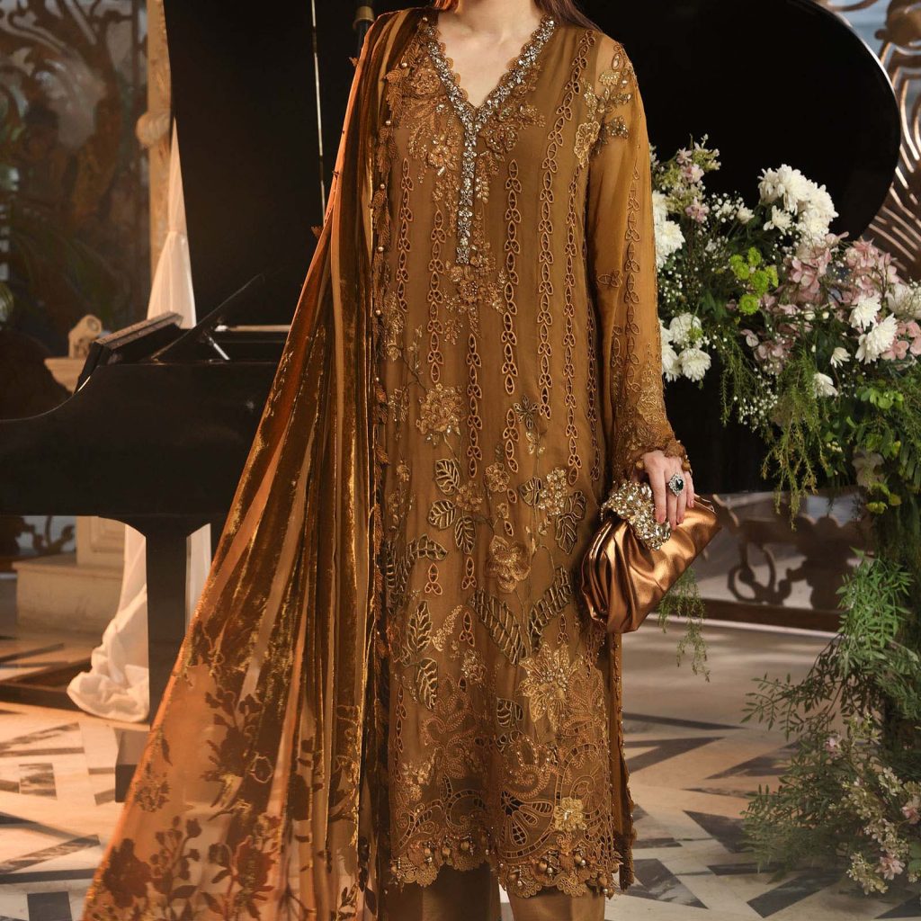 Maria B MPC-26-205 mustard embroidered chiffon suit front view