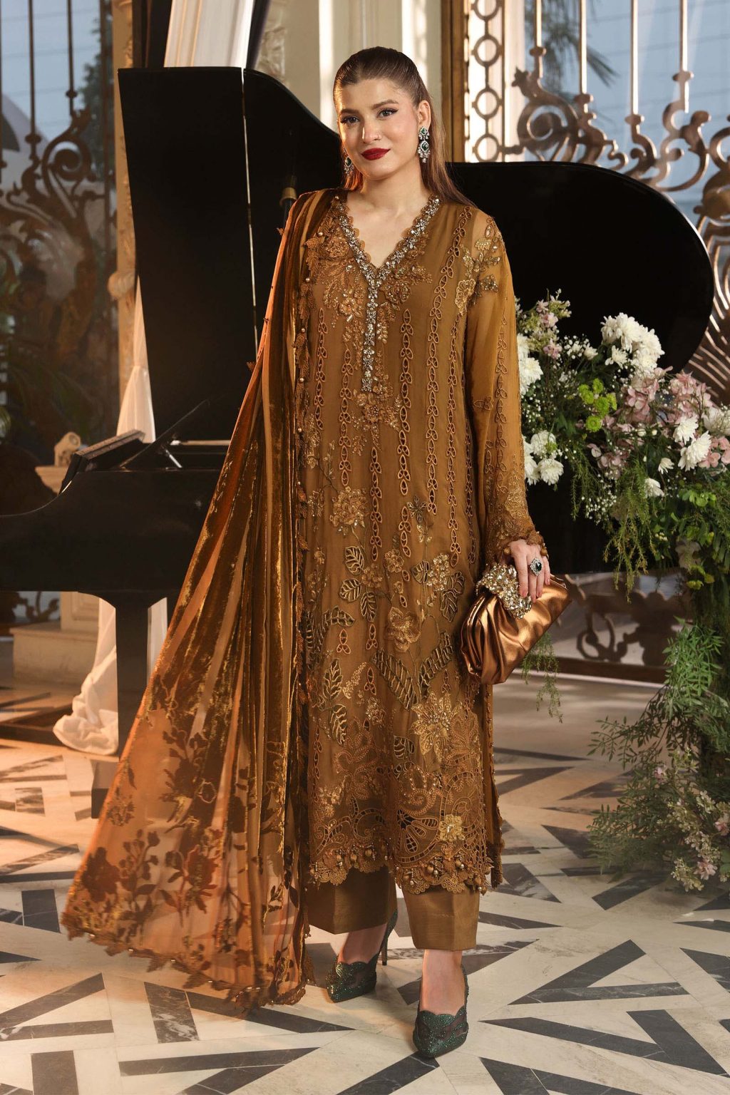 Maria B MPC-26-205 mustard embroidered chiffon suit front view