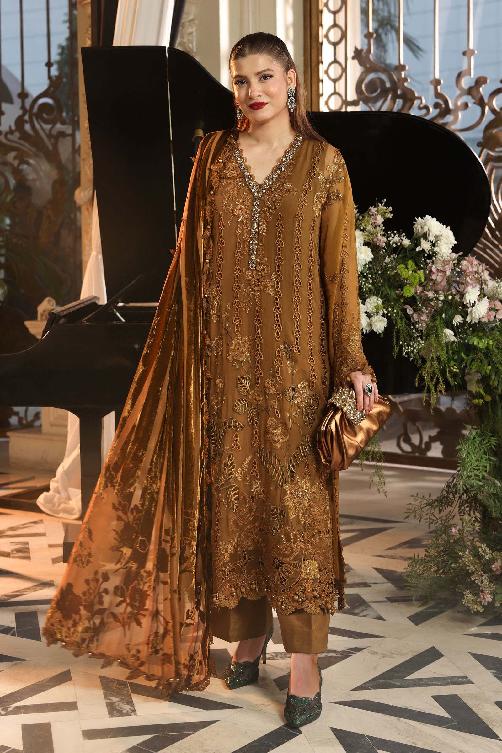 Maria B MPC-26-205 mustard embroidered chiffon suit front view