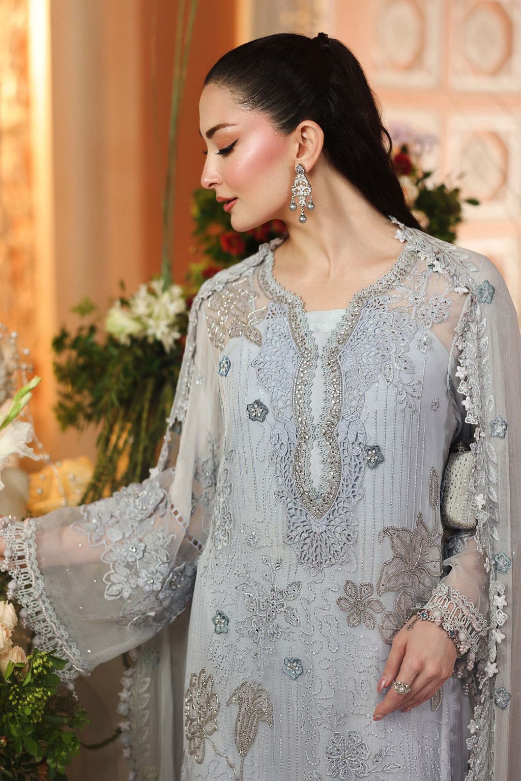 Close-up of 3D flowers and hand embroidery on Maria B MPC-26-206 chiffon suit